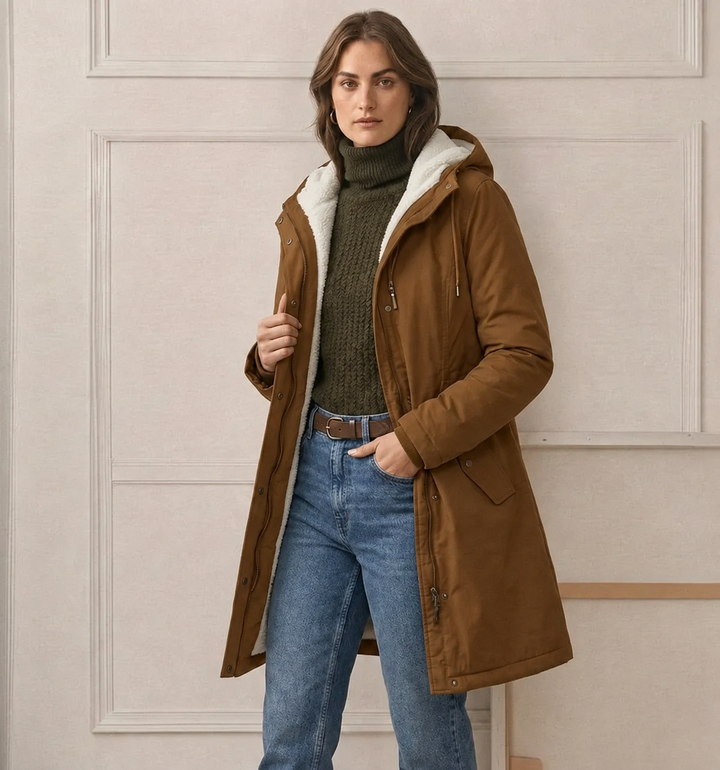 Brown waterproof parka with hood and white sherpa lining, front zip, side pockets