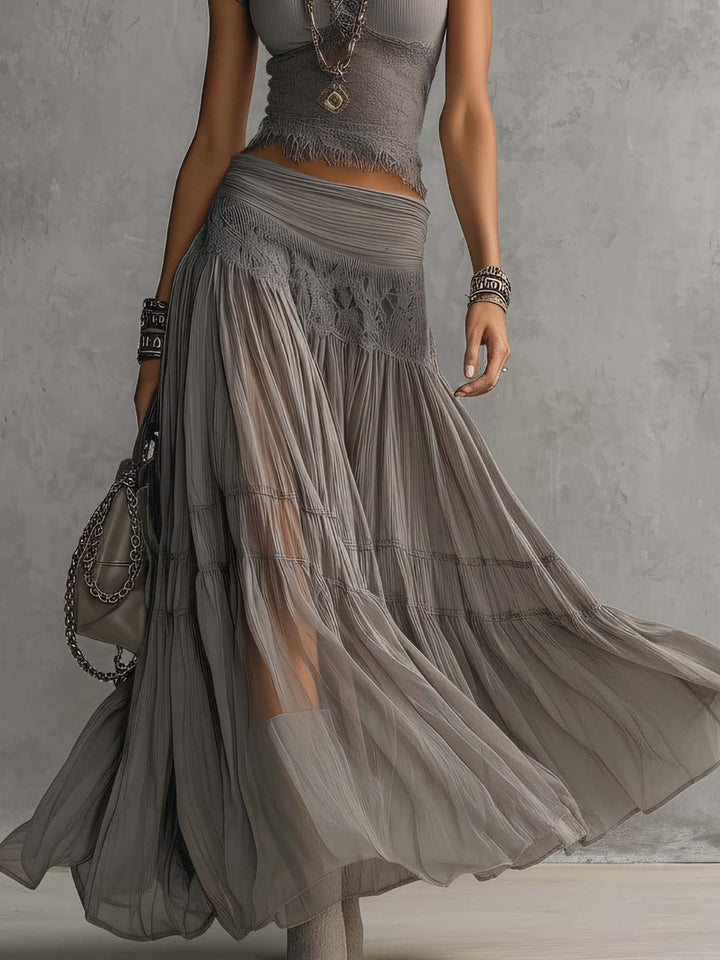 Grey Top in Transparent Lace with Panels and Pleated Maxi Skirt Set