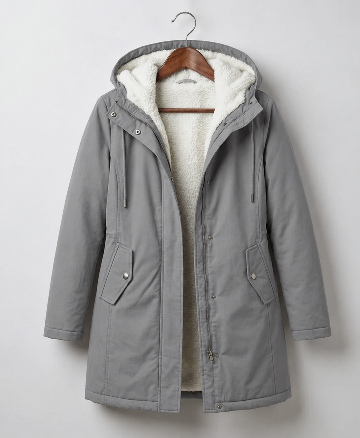 Grey waterproof hooded parka jacket with sherpa lining and front pockets