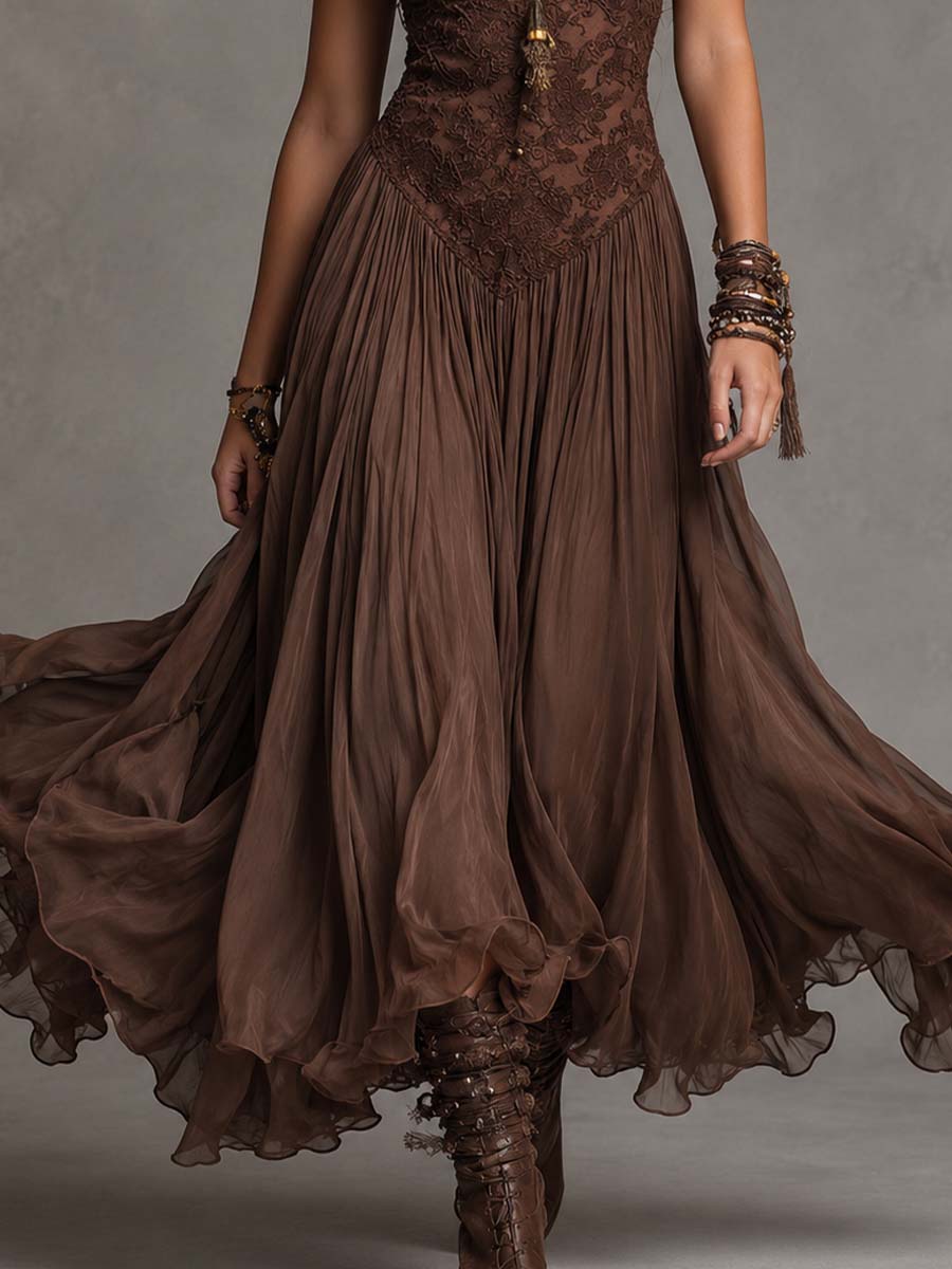 Theodora | Dark Brown Lace-Paneled Chiffon Maxi Dress