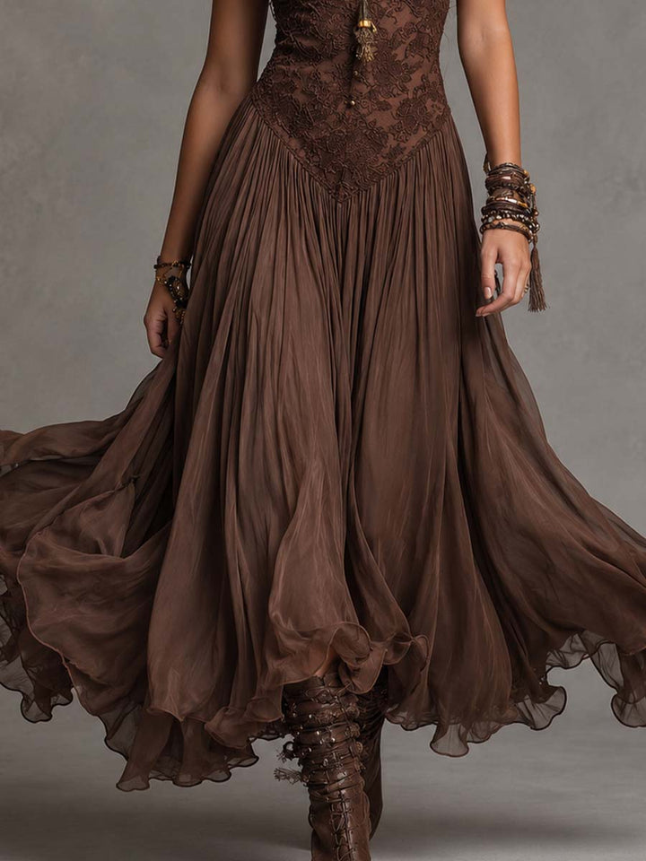Theodora | Dark Brown Lace-Paneled Chiffon Maxi Dress