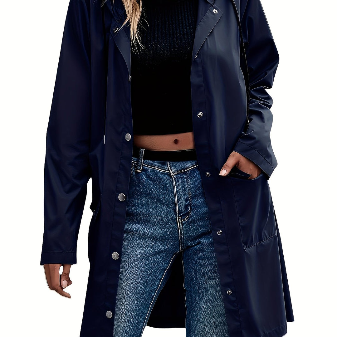 Windproof hooded trench coat, navy blue with button front and side pockets