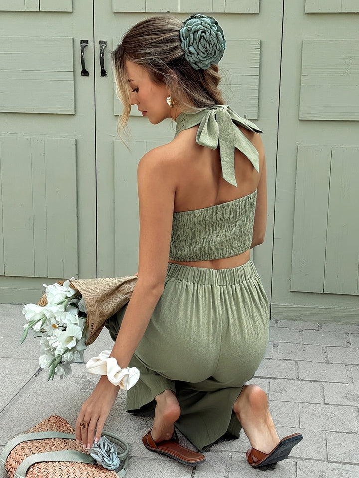 Fiora | Cross Halter Crop Top & Wide Leg Trousers Set