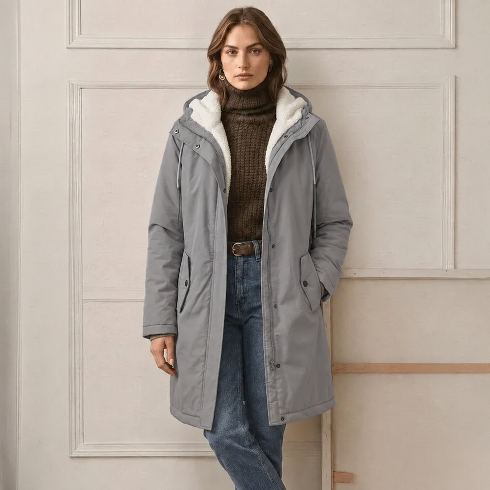 Grey waterproof hooded parka jacket with sherpa lining, drawcord, and front pockets