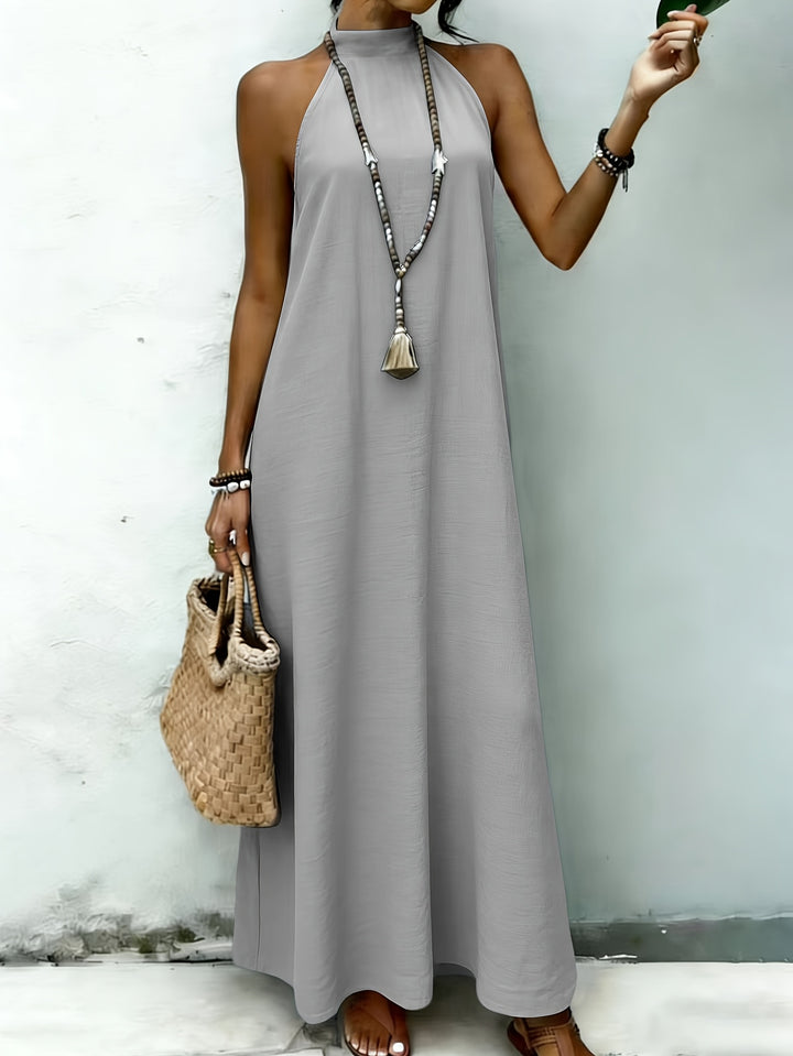 AMNFUIL Bohemian Maxi Dress with Neck Cord for Women - Sleeveless Beach Dress with Button Closure at the Back, Plain Fitted Long Dress Suitable for Weddings, Pool Parties, Casual Wear, Machine Washable Elegant Dress