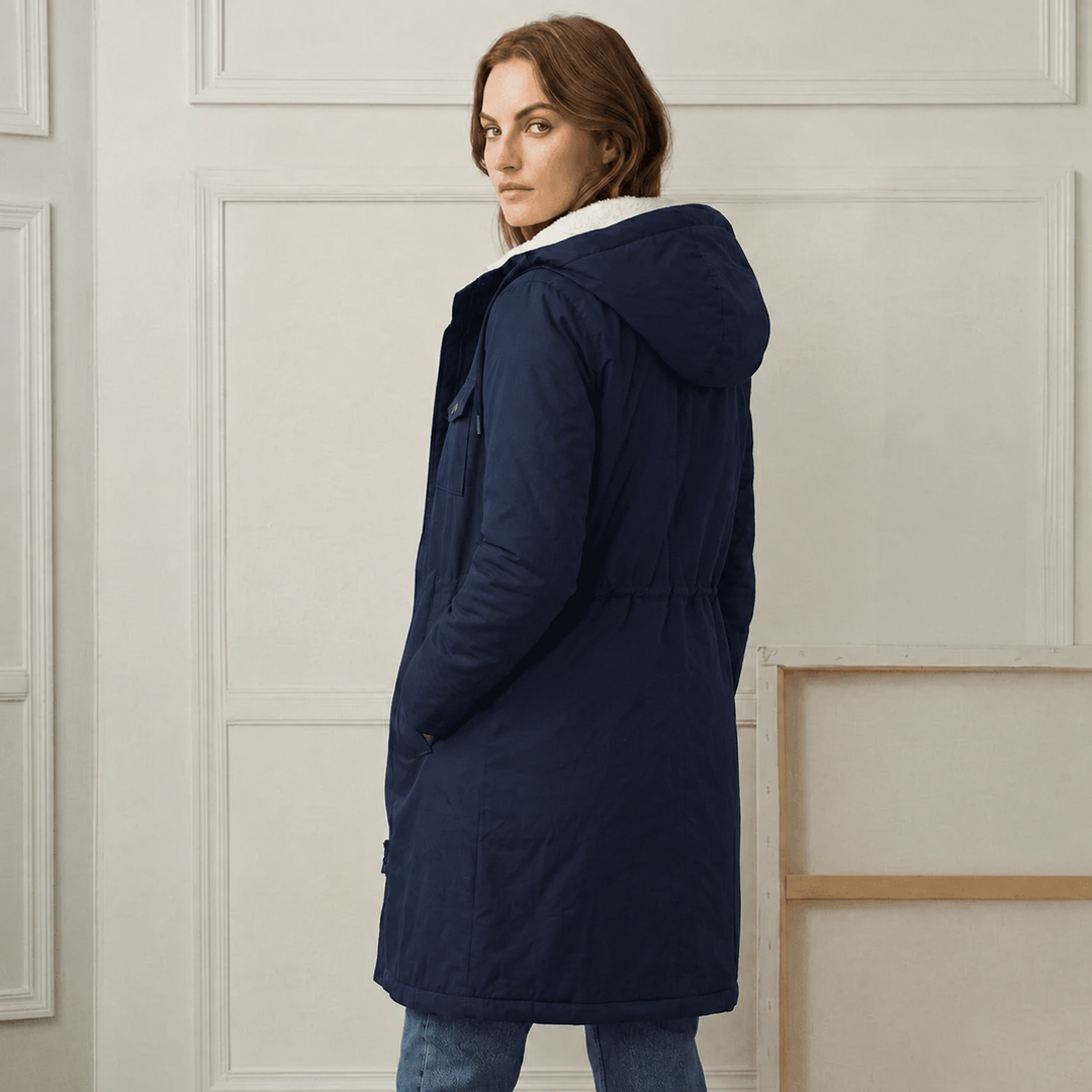 Midnight navy hooded waterproof parka, rear view with insulated sherpa lining