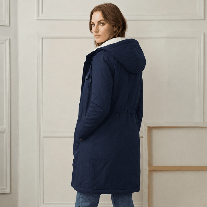 Midnight navy hooded waterproof parka, rear view with insulated sherpa lining