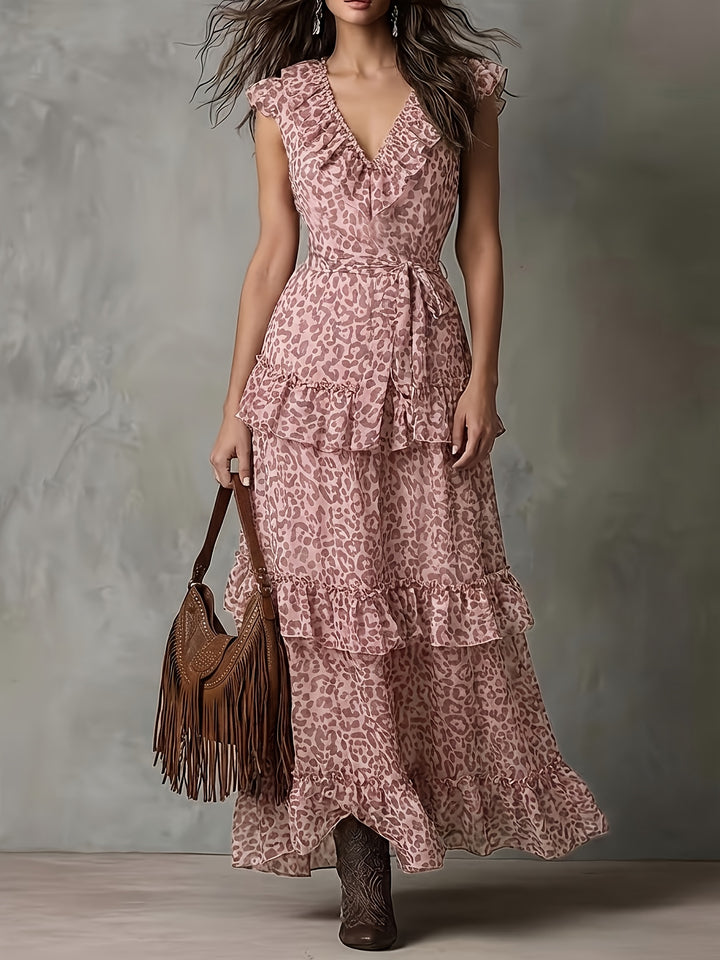 Zaria | Leopard Print V-Neck Ruffle Maxi Dress