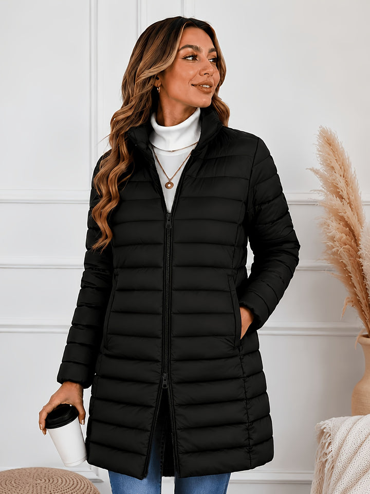 Lightweight quilted coat with stand collar and double zip front, black puffer jacket.