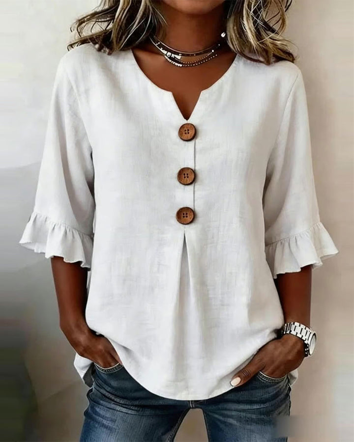 Sophia Solid Colour Blouse with Wooden Buttons and Ruffles