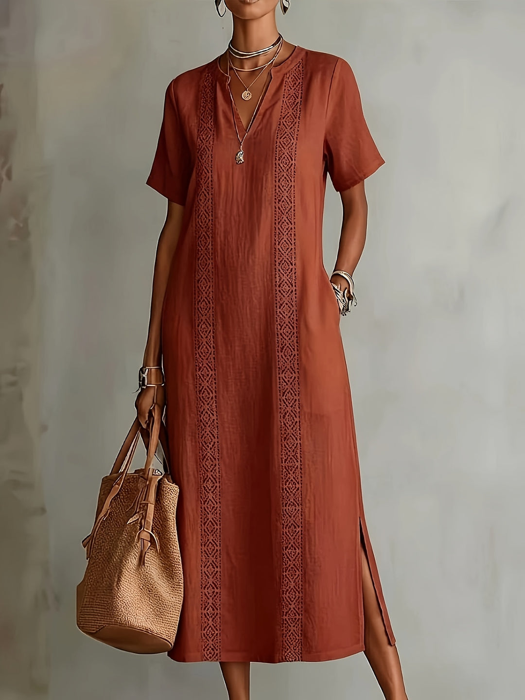 Elegant vintage lace dress for women with V-neck, loose fit, solid colour ZLLZ