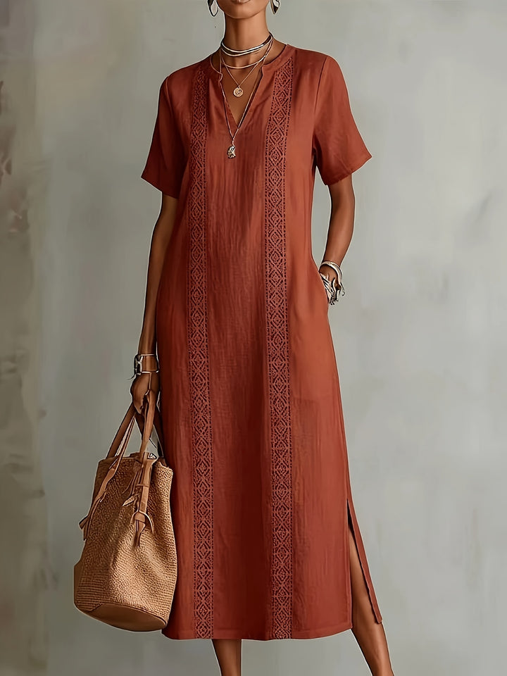Elegant vintage lace dress for women with V-neck, loose fit, solid colour ZLLZ