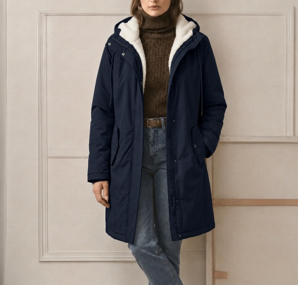 Midnight navy hooded waterproof parka with sherpa lining, zip front and side pockets