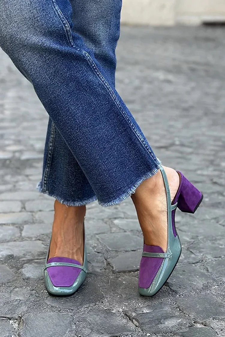Wide-heeled slingback patchwork purple square-toe shoes