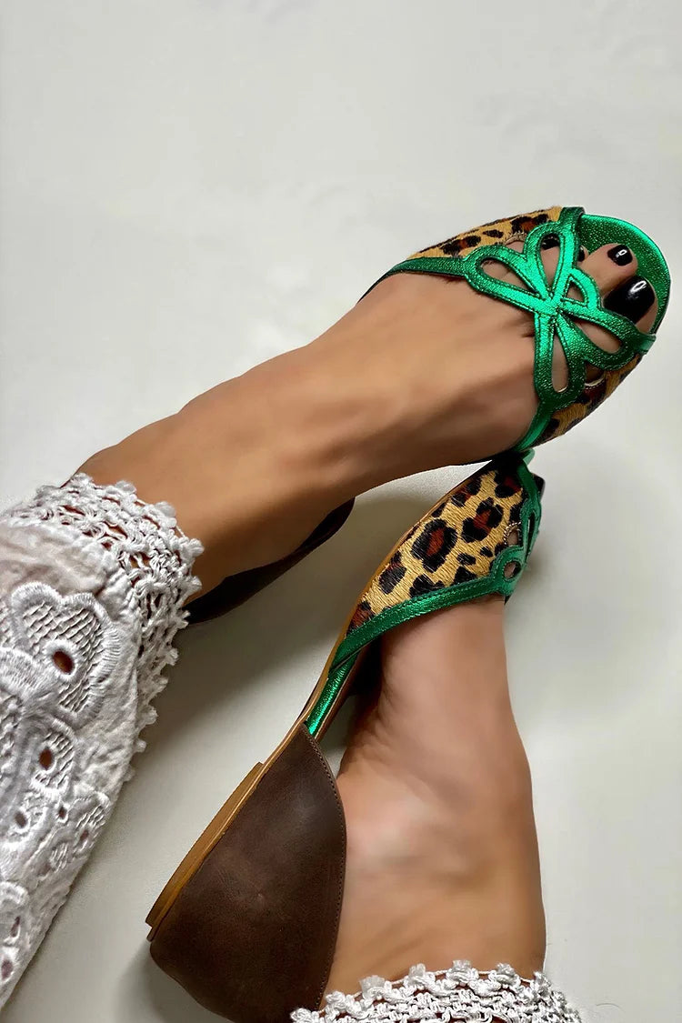 Cut-out Colour Block Leopard Print Sandals Green