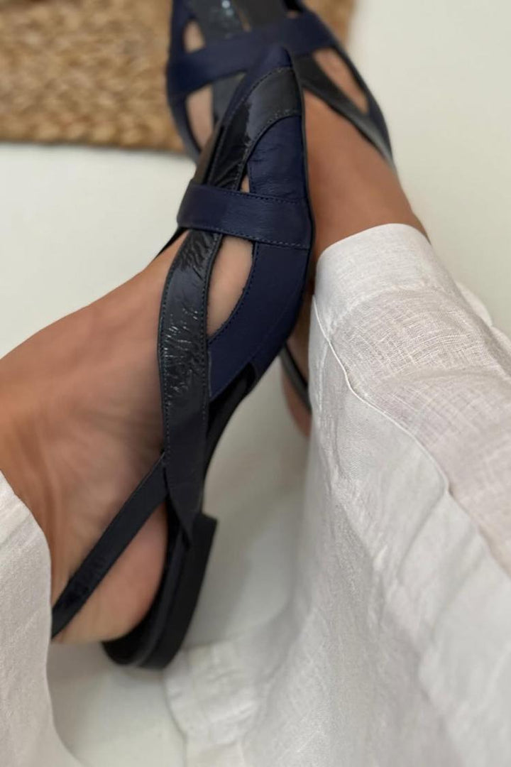 Navy Blue Pointed Toe Slingback Cut-Out Patchwork Ballerinas