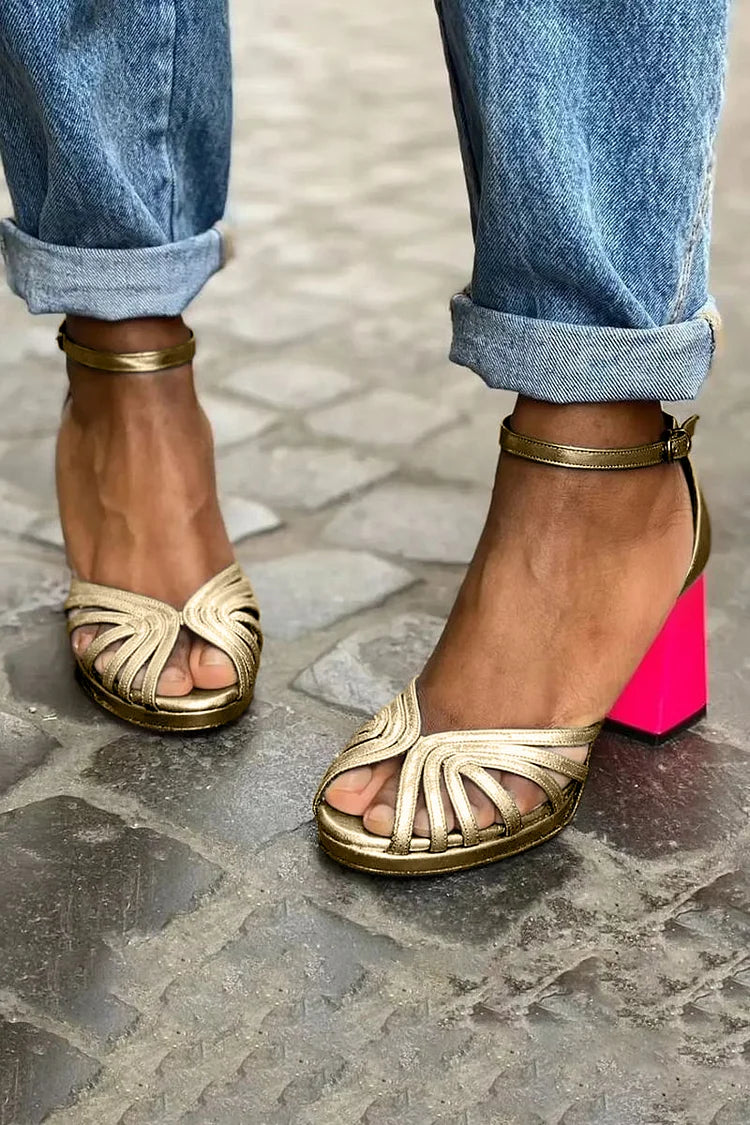Wide Heel Cut-Out Peep Toe Sandals with Ankle Strap