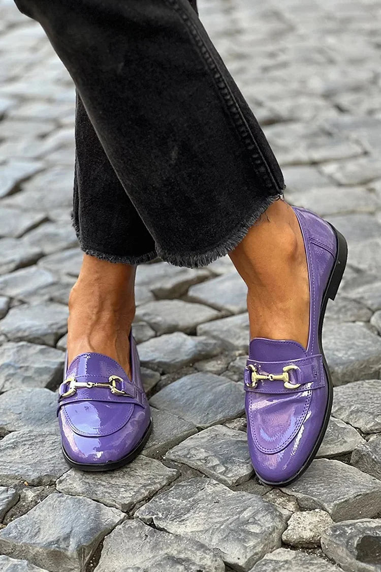 Purple Patchwork Loafers with Round Toe and Buckle