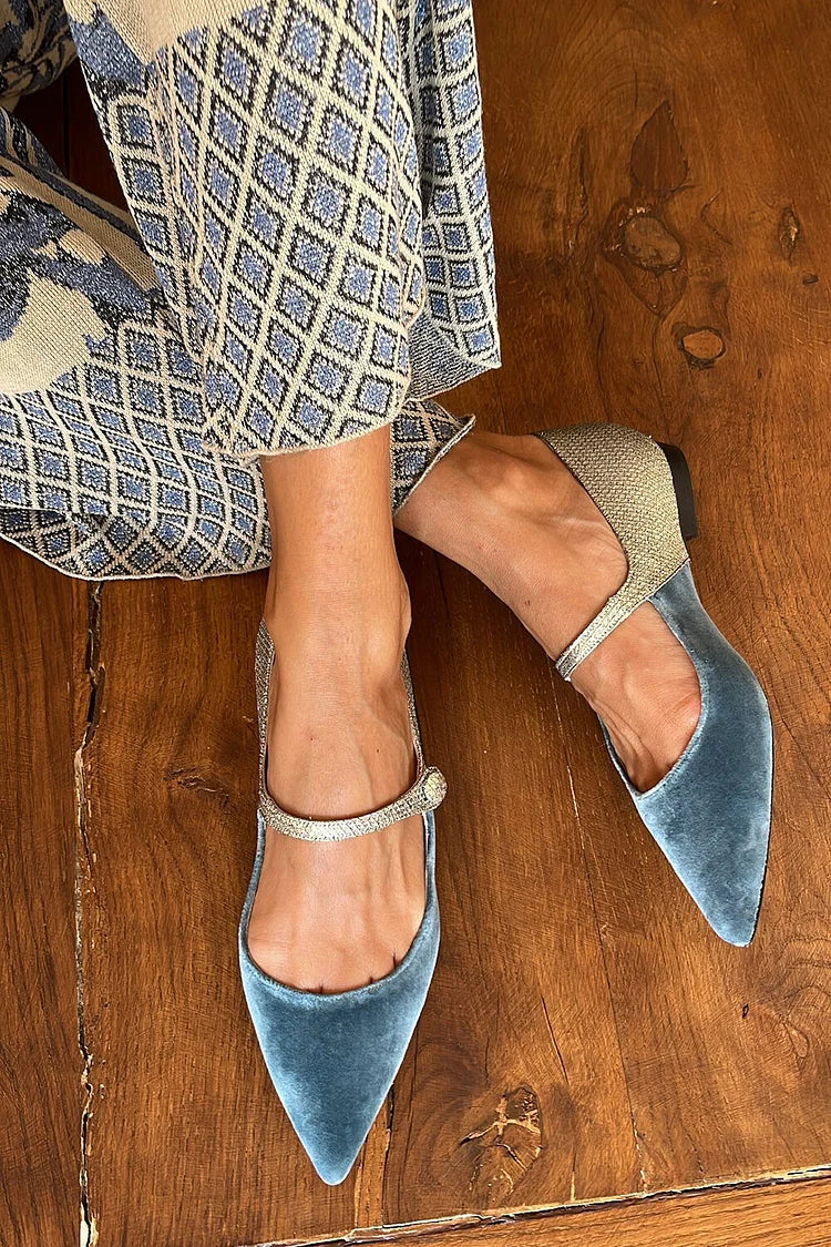 Blue Pointed Patchwork Ballet Flats with Strap and Buckle on the Ankle