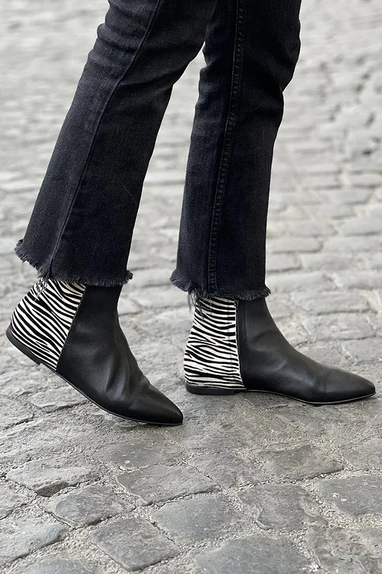 Casual Zebra Print Black Pointed Ankle Boots