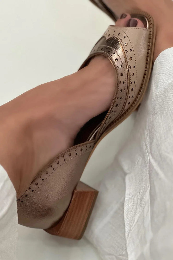 Low block heel slip-on patchwork shoes in khaki with square toe