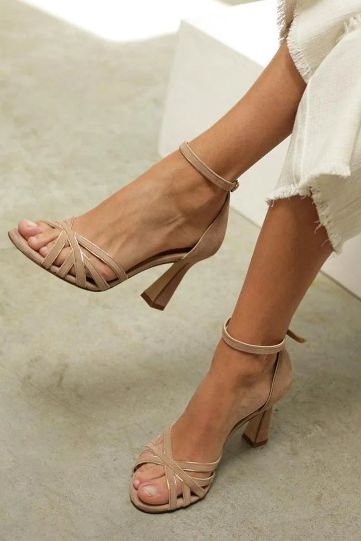 Brown Patchwork Peep Toe Stiletto Heels with Ankle Strap and Buckle