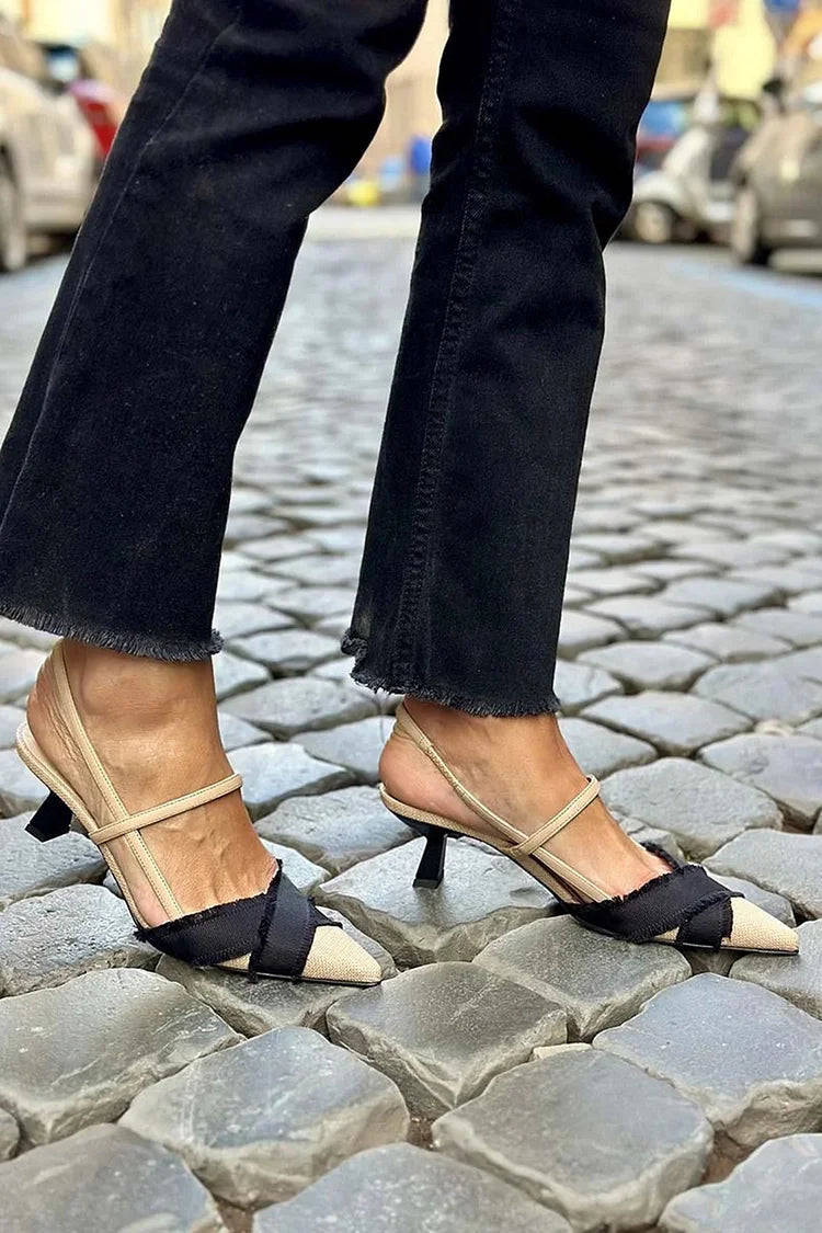 Beige Pointed Slingback Block Heel Sandals with Raw Edges