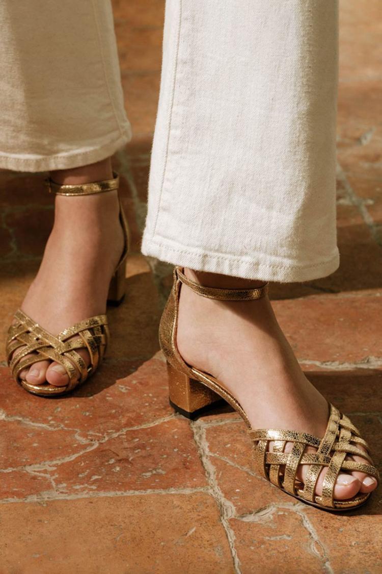 Wide Peep Toe Woven Gold Heels with Ankle Strap and Buckle