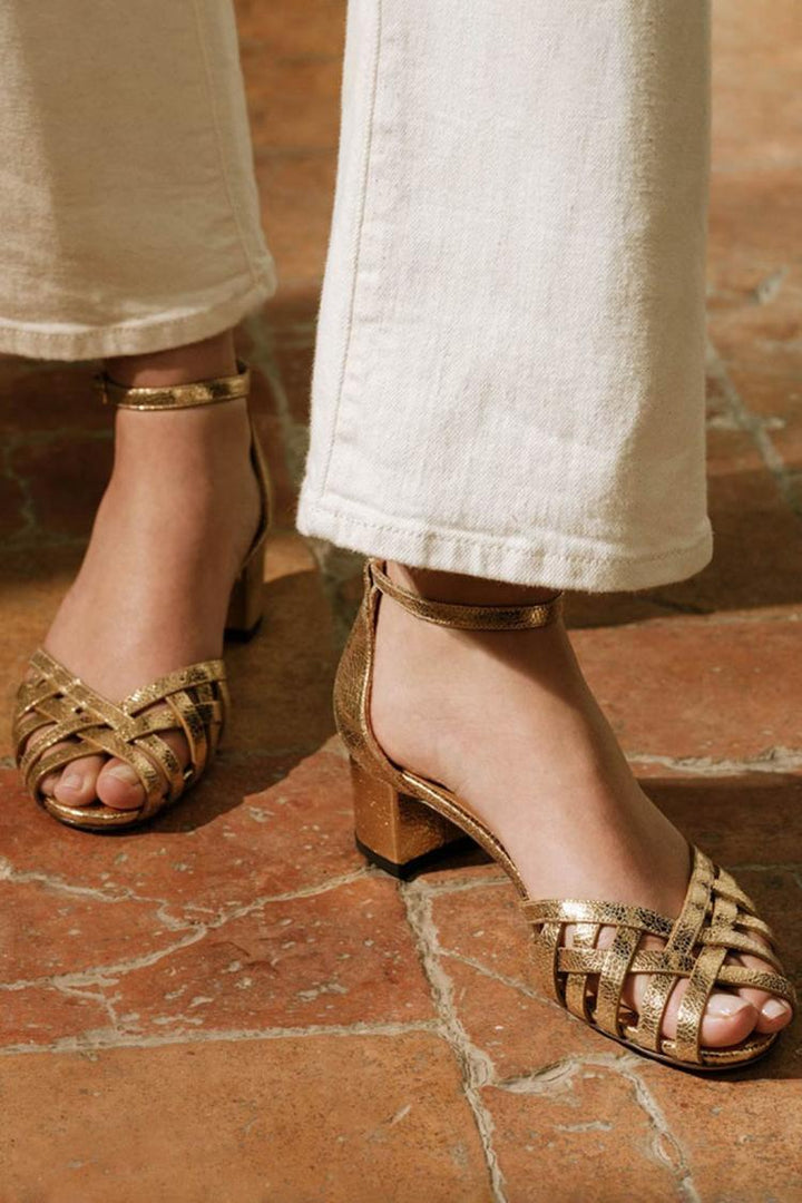 Wide Peep Toe Woven Gold Heels with Ankle Strap and Buckle