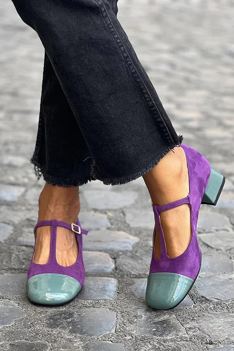 Wide Block Colour Purple Round Toe Heels with Buckle and T-Strap