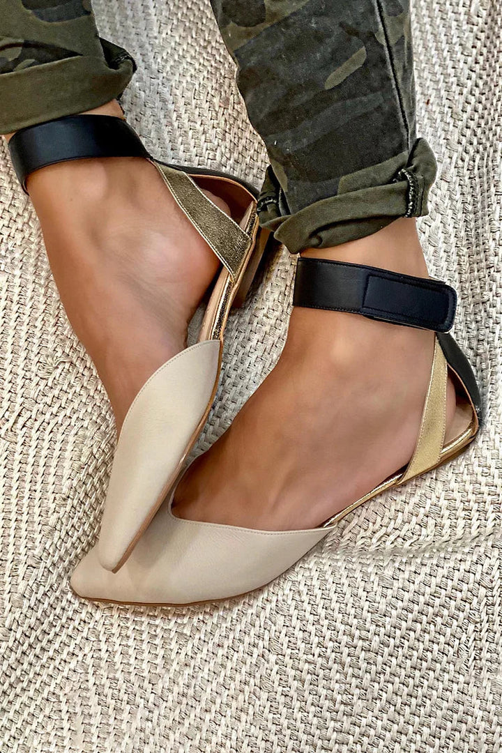 Pointed cut-out colour block ballerinas with ankle strap
