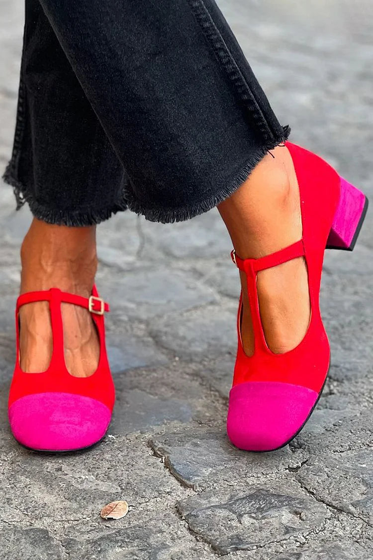 Red Patchwork Wide Heels with Round Toe, Buckle and T-Strap