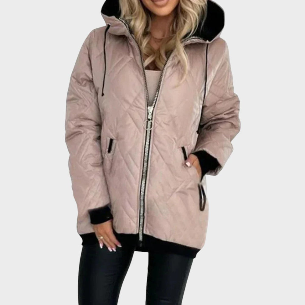 Quilted hooded zip-front jacket in pink, front zip with drawstring hood and side pockets