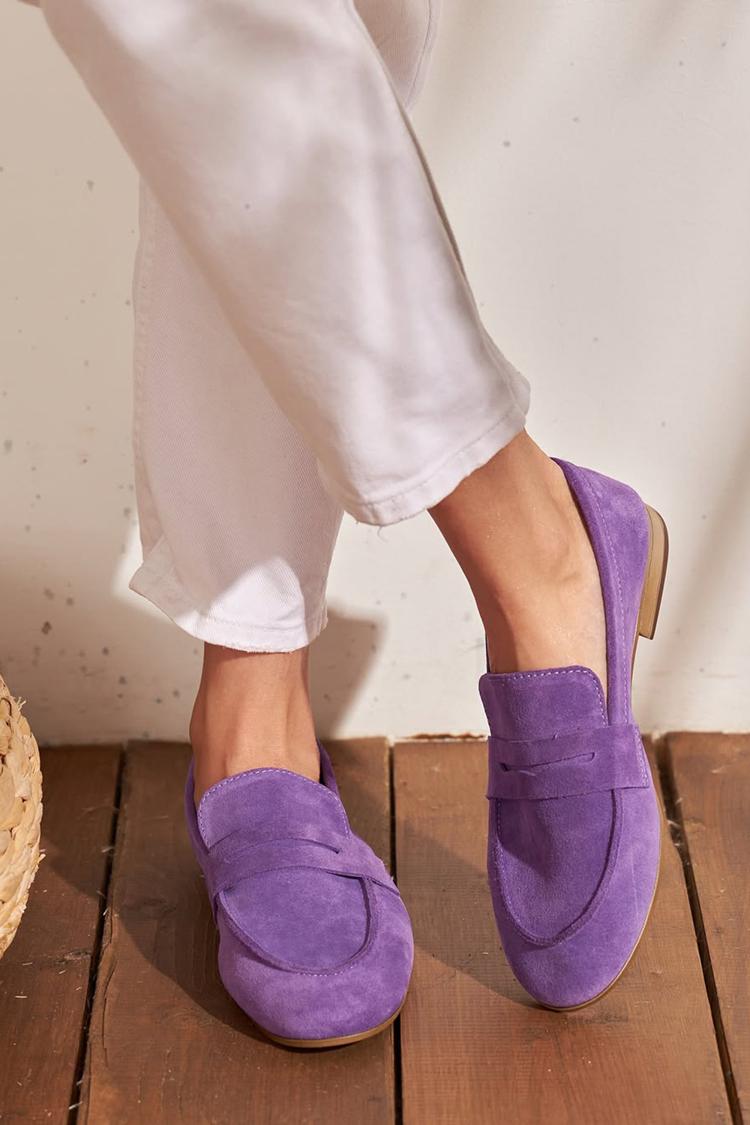 Purple Patchwork Loafers with Round Toe in Solid Colour