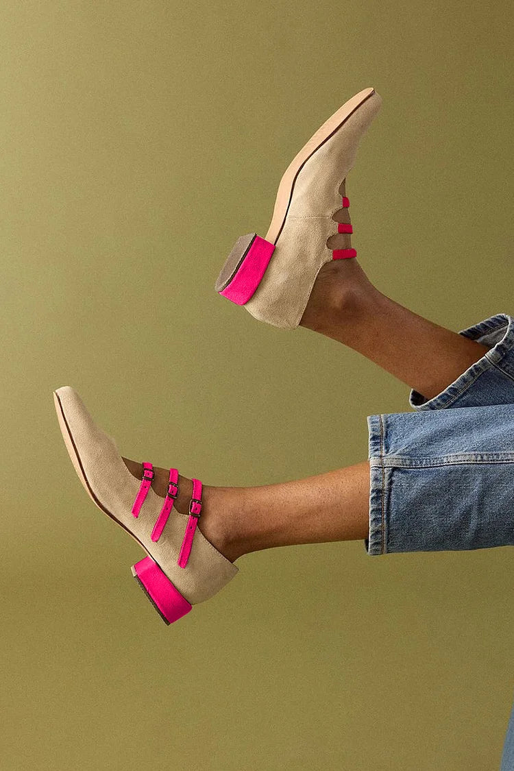 Low block heels in beige with multiple straps and buckles