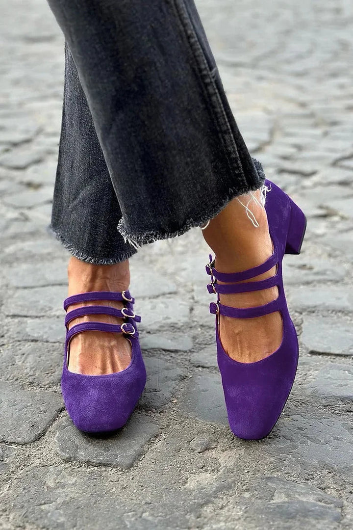 Wide Purple Square Toe Heels with Buckle