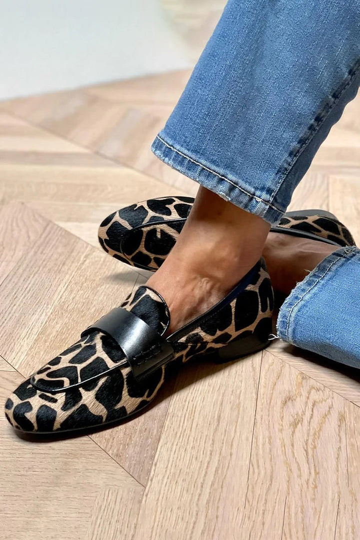 Colour block cow print round toe slip-on loafers