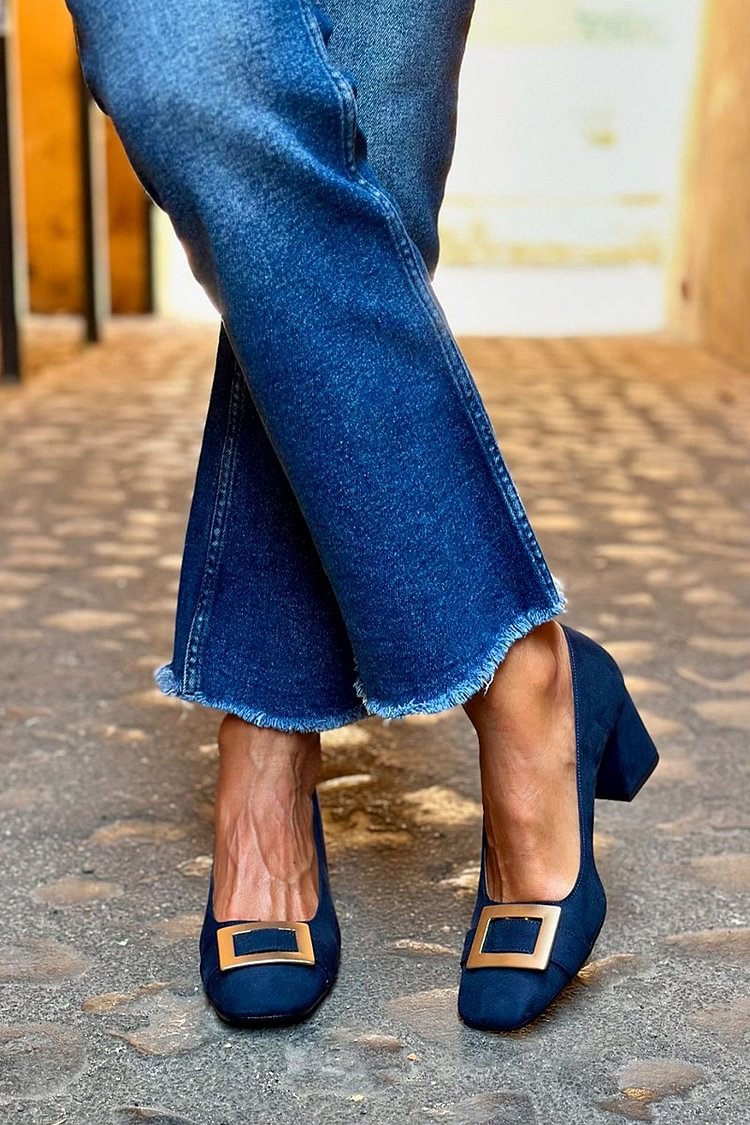 Wide Patchwork Navy Blue Square Toe Heels