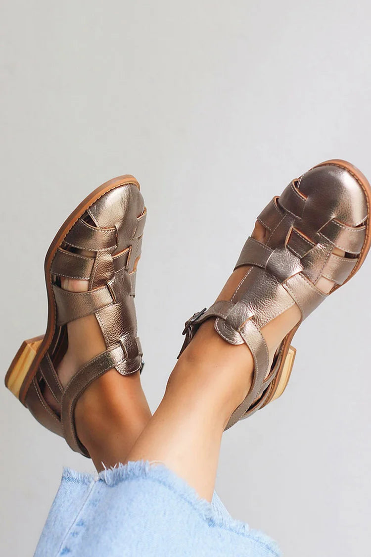 Glossy Metallic Champagne Woven Ballet Flats with Round Toe