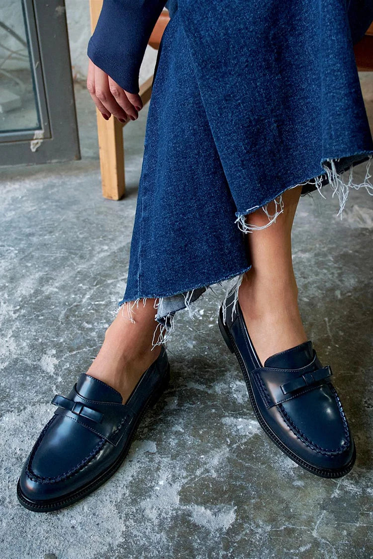 Navy Blue Patchwork Moccasins with Round Toe and Bow