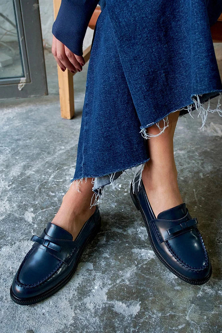 Navy Blue Patchwork Moccasins with Round Toe and Bow