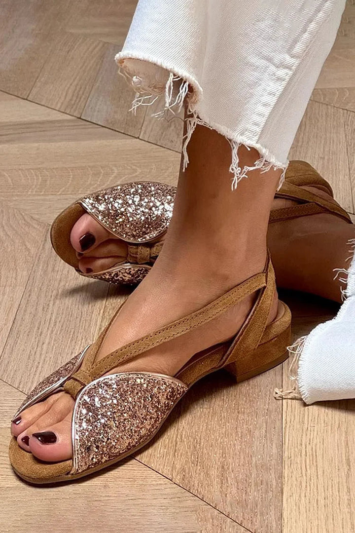 Brown Glitter Patchwork Flat Sandals