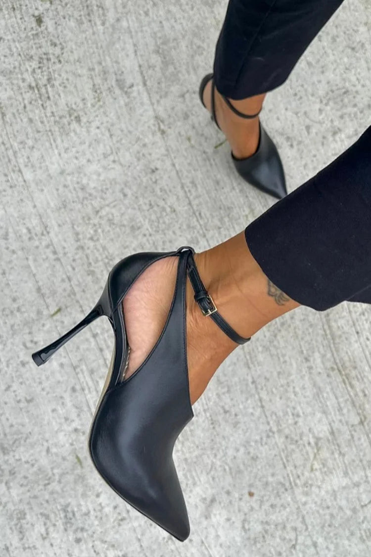 Black Pointed Cut-Out Stiletto Heels with Ankle Strap and Buckle