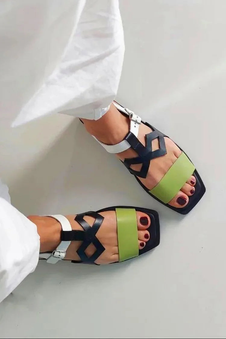 Cut-out Colour Block Black Square Toe Sandals