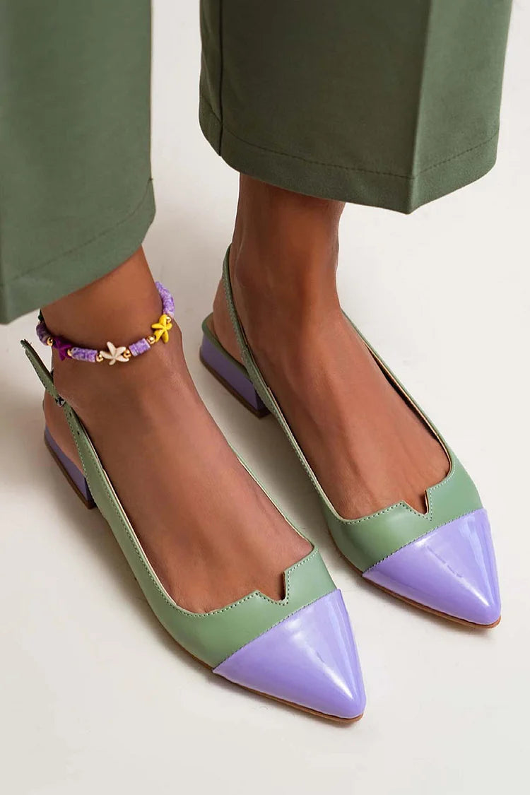 Pointed toe colour block cut-out slingback ballerinas with buckle