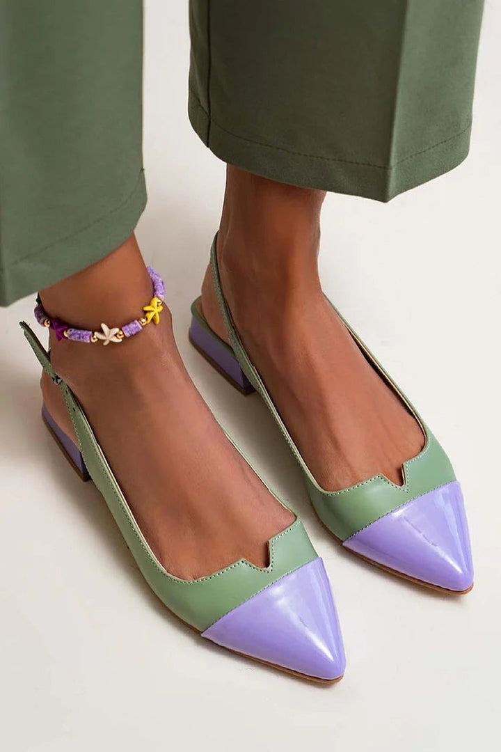 Pointed toe colour block cut-out slingback ballerinas with buckle