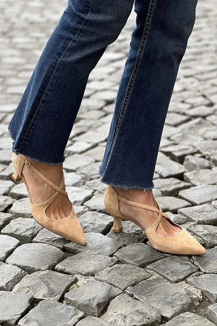 Low Heeled Khaki Pointed Shoes with Buckle and Crossed Straps
