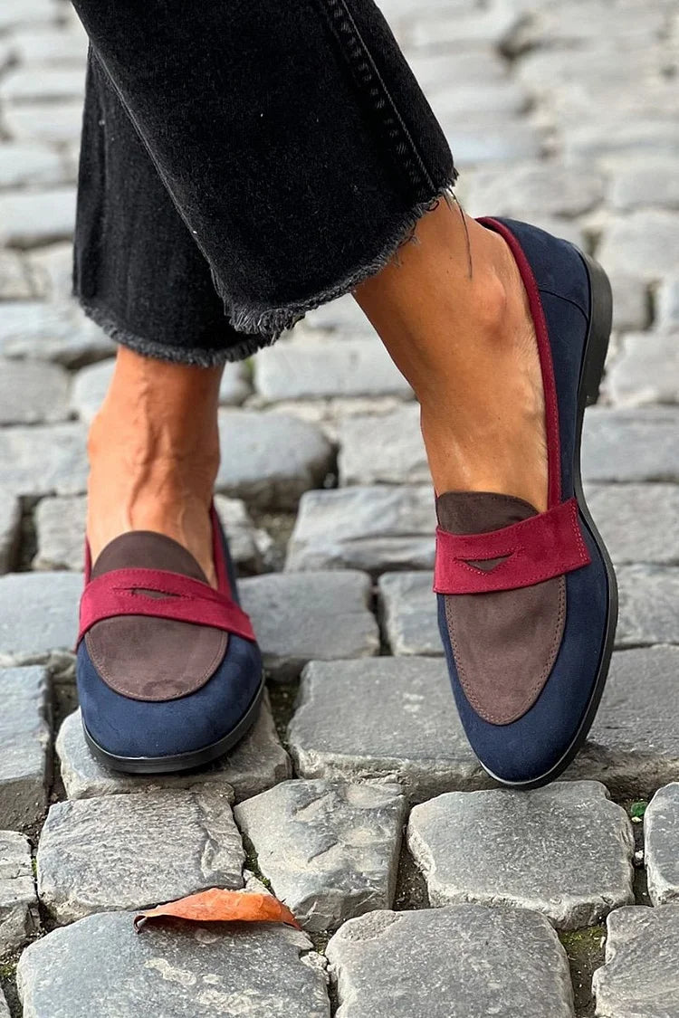 Navy Blue Colour Block Patchwork Loafers with Round Toe
