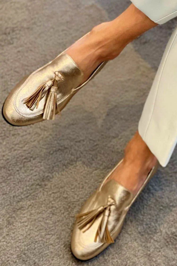 Shiny Metallic Gold Loafers with Visible Stitching