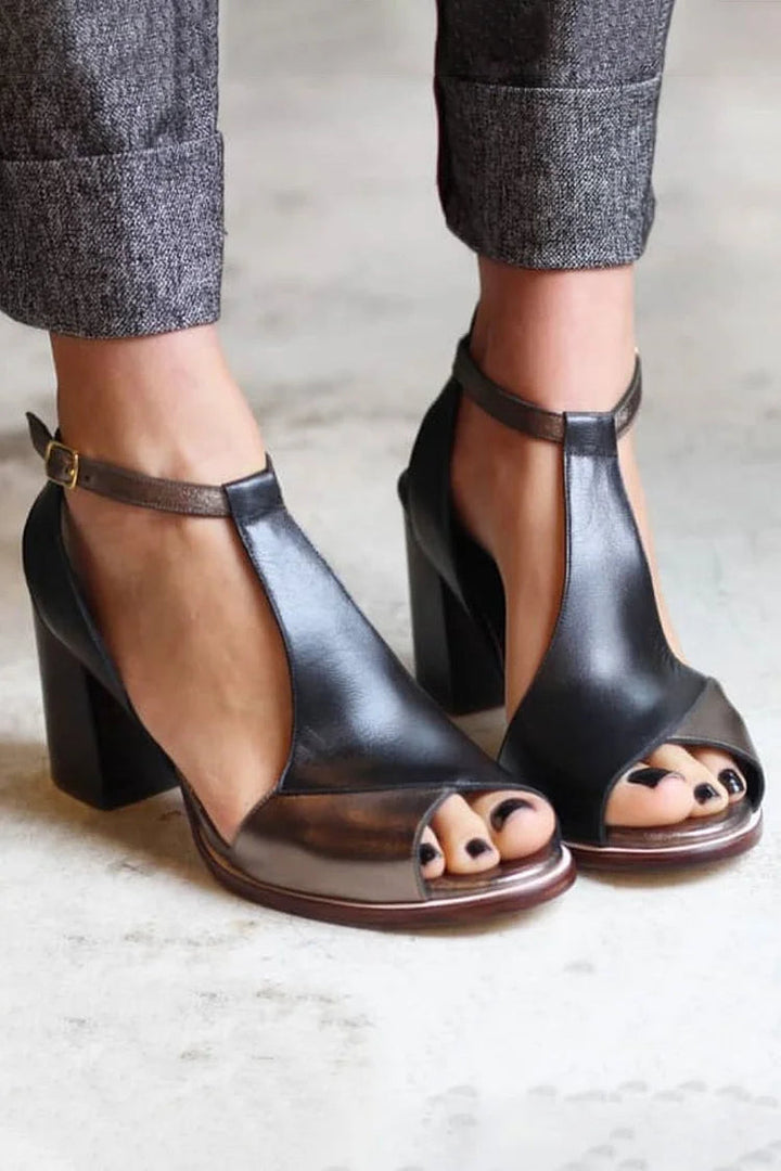 Wide Peep Toe Patchwork Black Heels with Ankle Strap